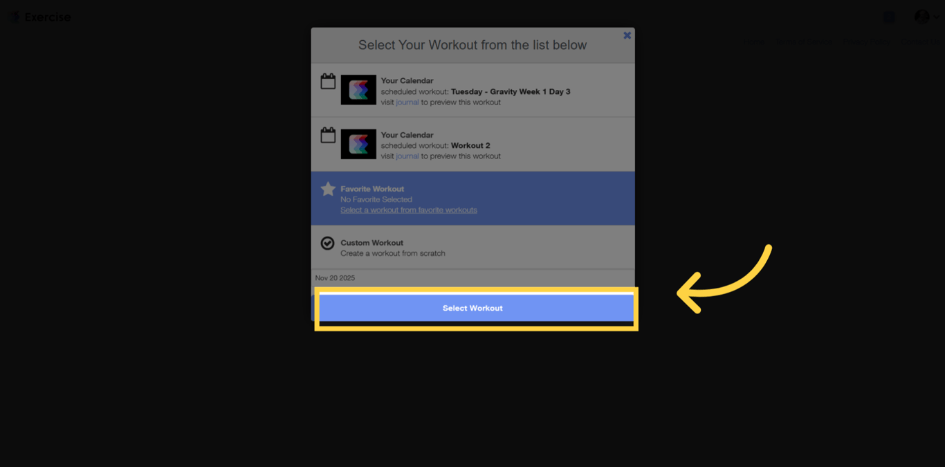 Screenshot showing a list of favorite workouts to select from.