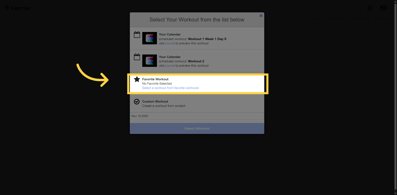 Screenshot showing Favorite Workout option on the workout logging screen.