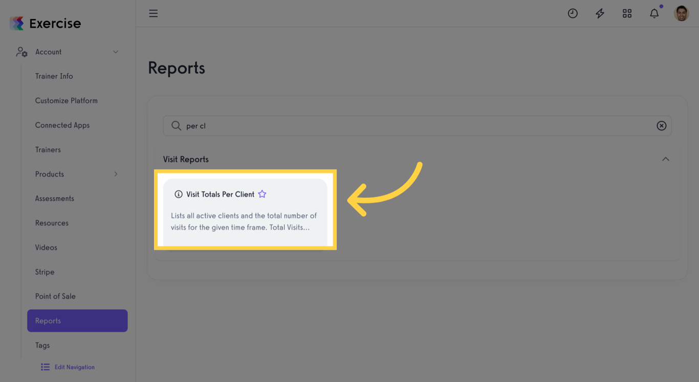 Open the Visit Totals Per Client report from the Reports dashboard.