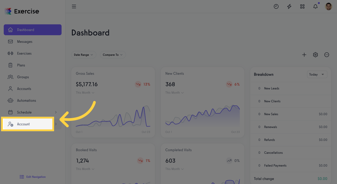 Open the Account menu in the admin dashboard.