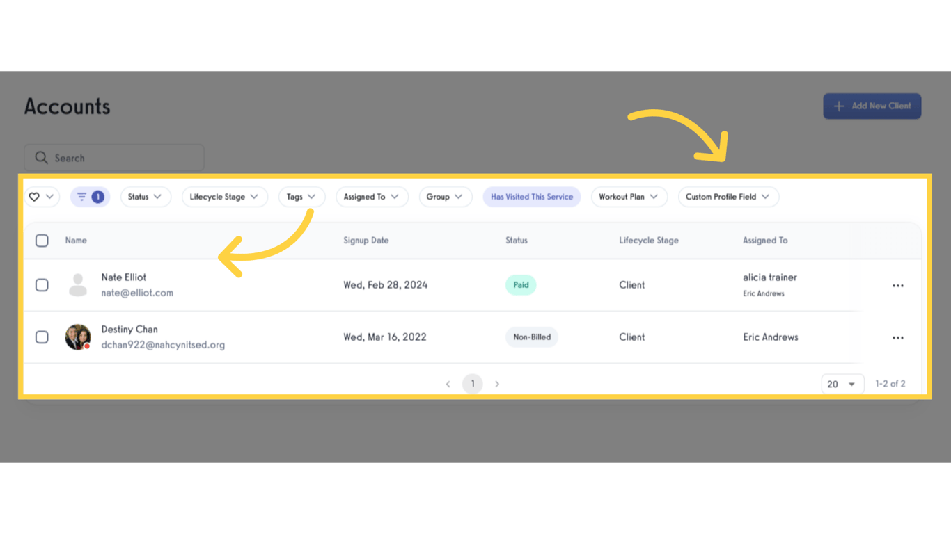 Check the filtered clients to see the services or classes they've attended.