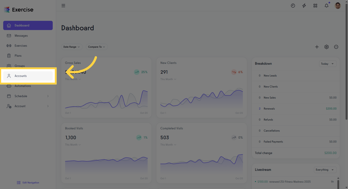 Screenshot showing how to access the Clients tab from your Dashboard.
