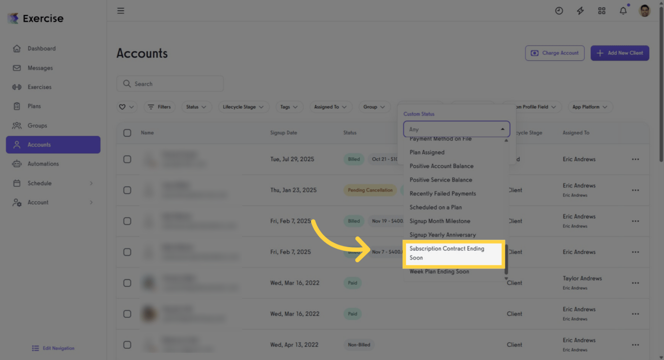 Screenshot showing how to select the Subscription Contract Ending Soon filter.