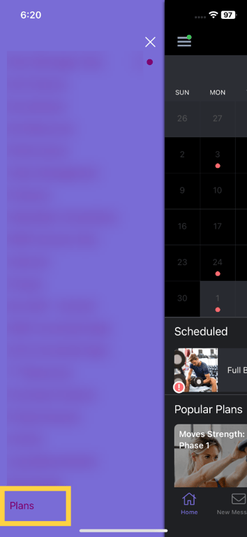 Plans menu option in the app