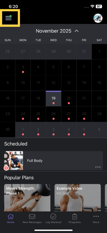 Menu icon in the top left corner of the app