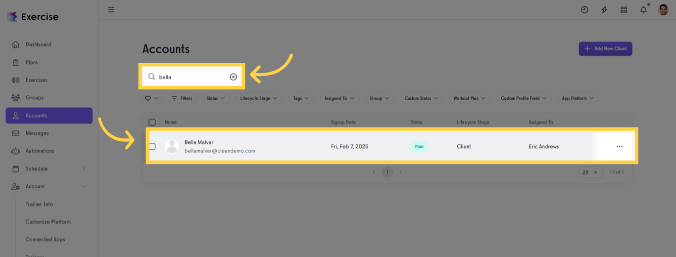 Search or select a Client.