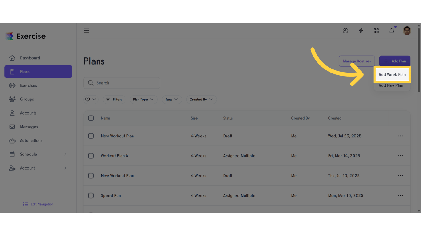Click 'Add Week Plan'