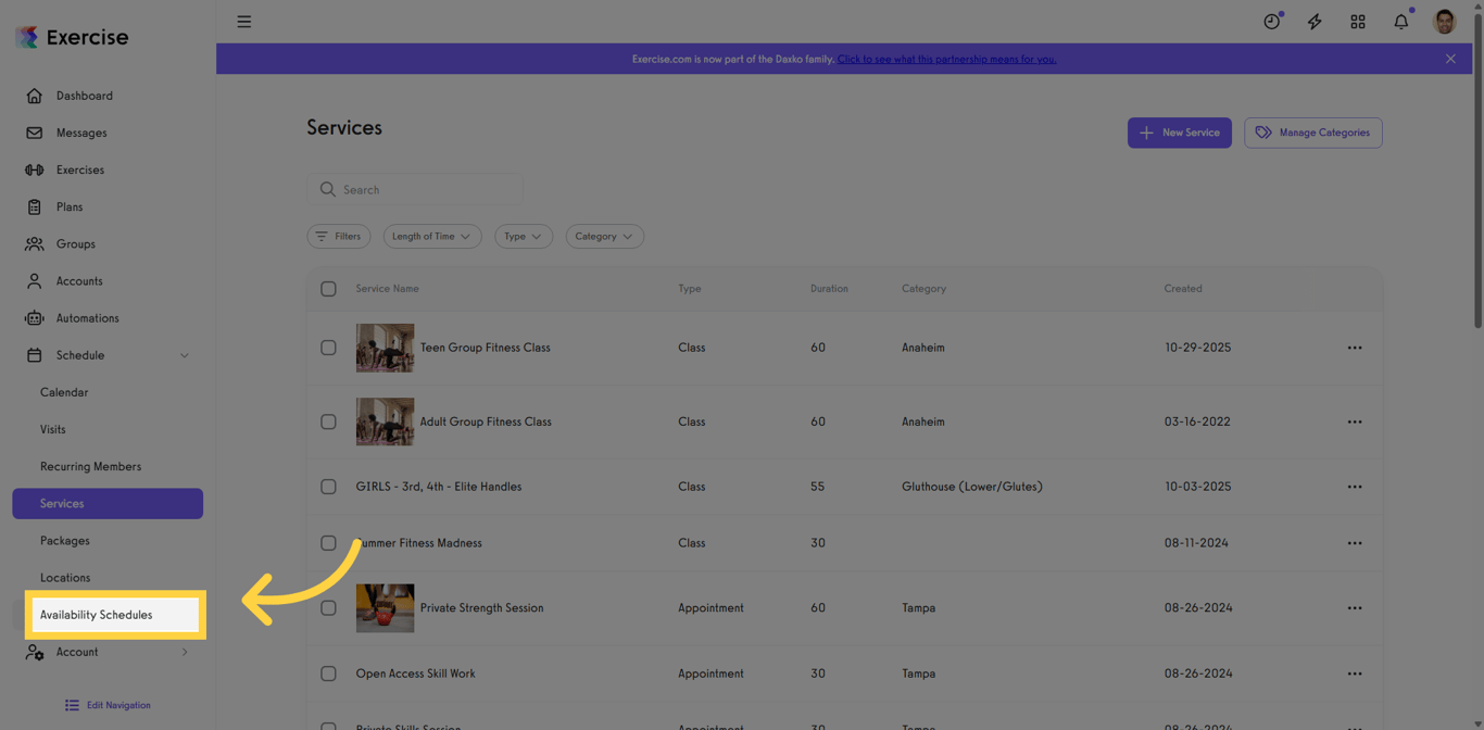 Availability Schedules menu