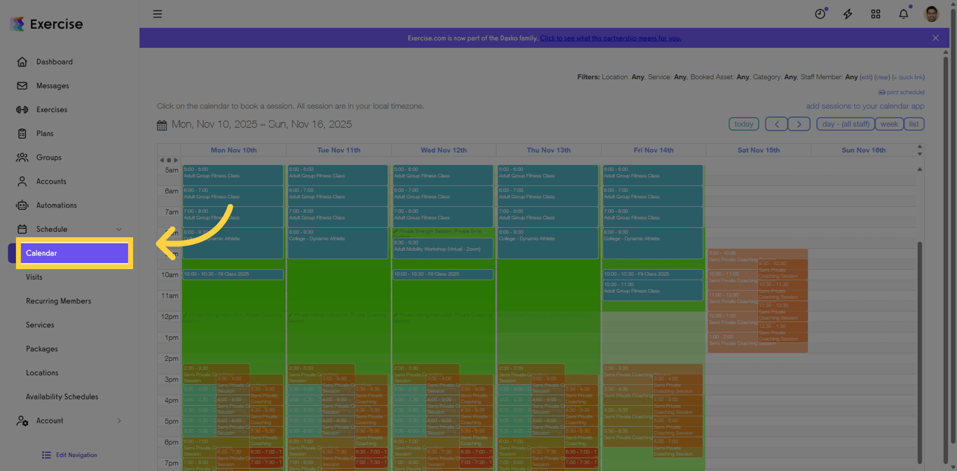 Calendar tab for viewing appointments