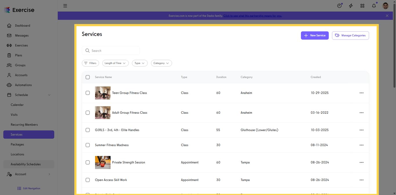 List of services in the Services menu