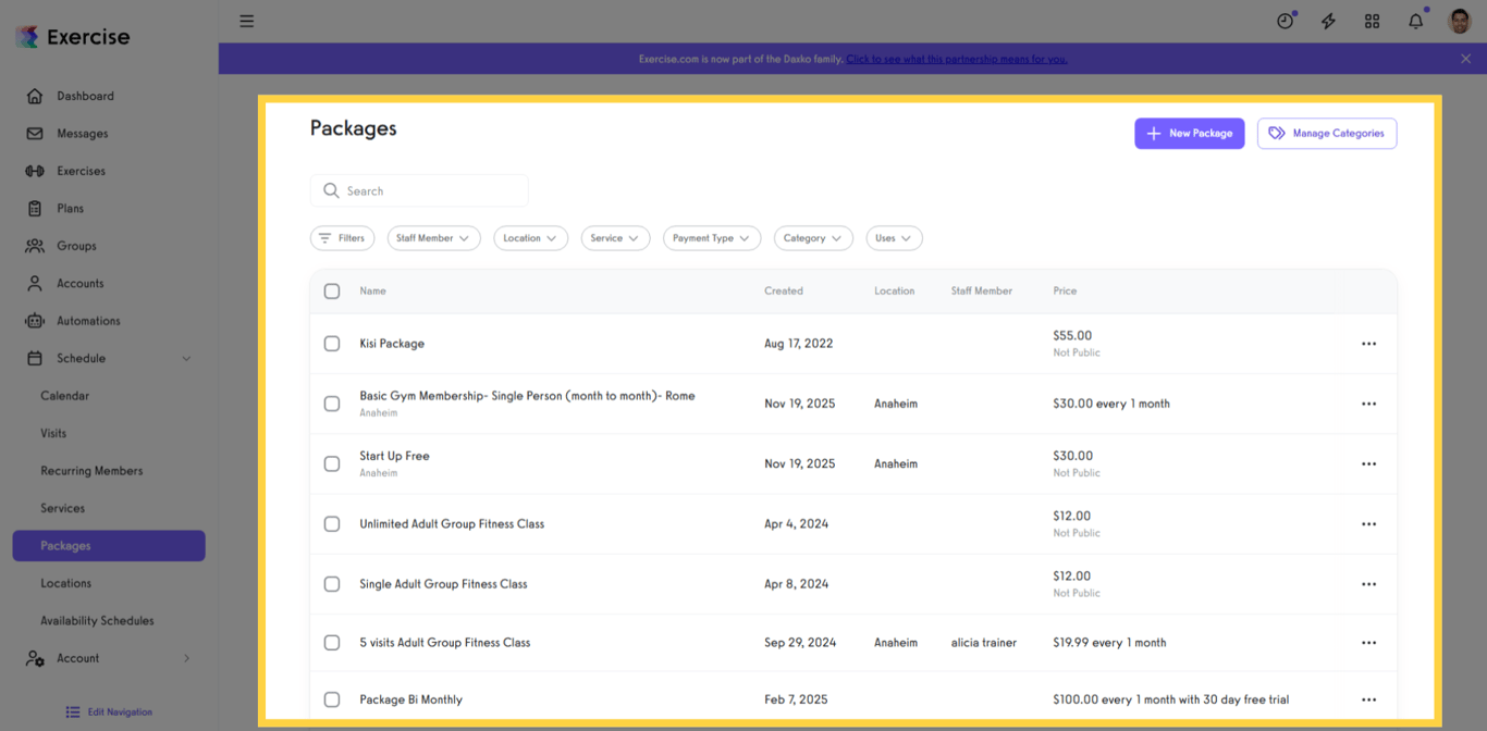 List of packages available for sale
