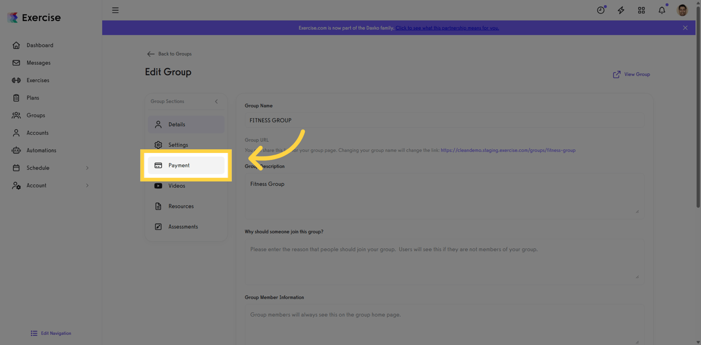 Payment tab selected while editing an existing group.