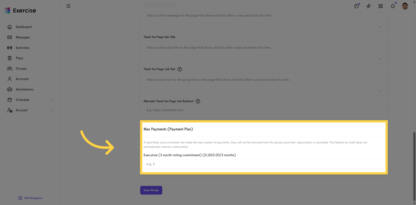 Maximum number of payments field shown while editing the group payment settings.