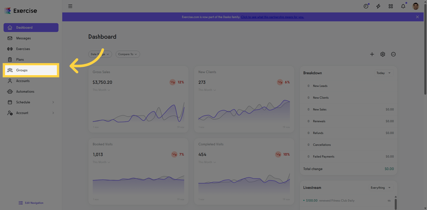 Groups tab highlighted on the Dashboard navigation menu.