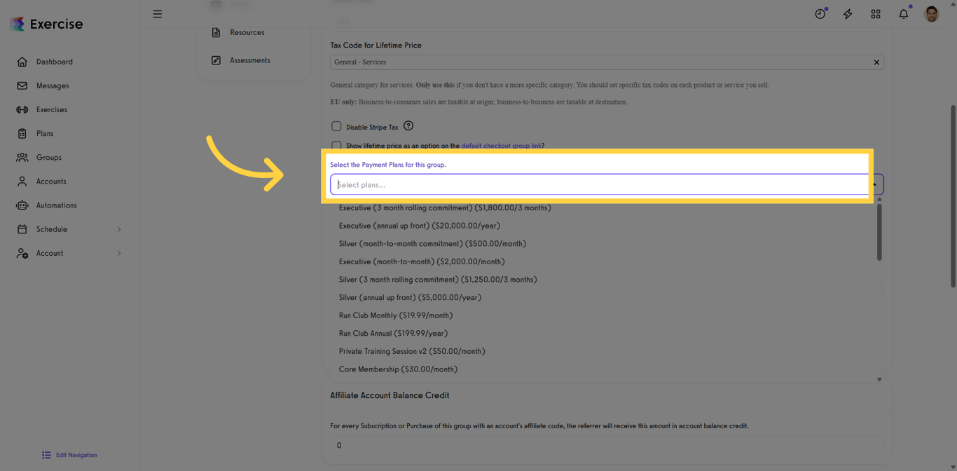 Payment plan selection area while editing a group.