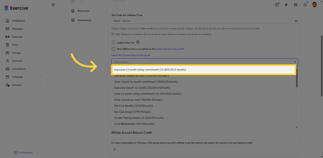 Specific payment plan selected from the plan list for the group.