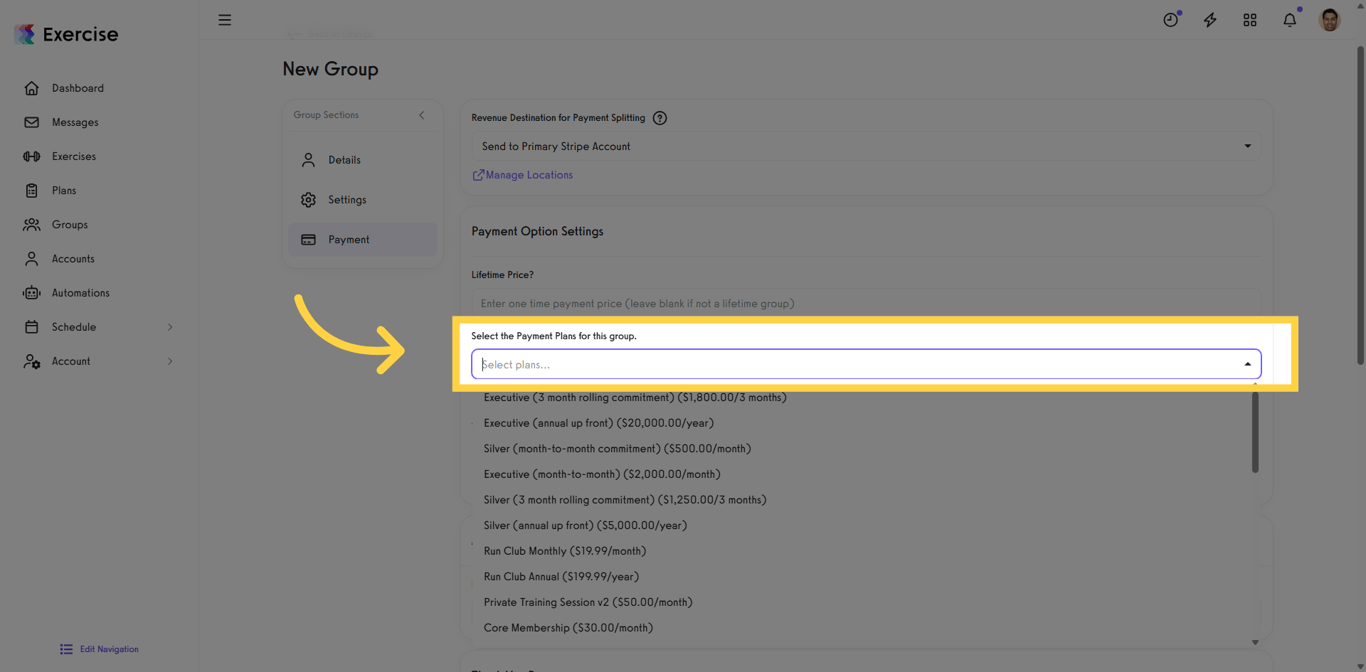 Payment plans selection area on the group Payment tab.