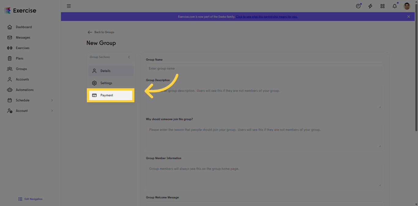 Payment tab selected on the group setup screen.