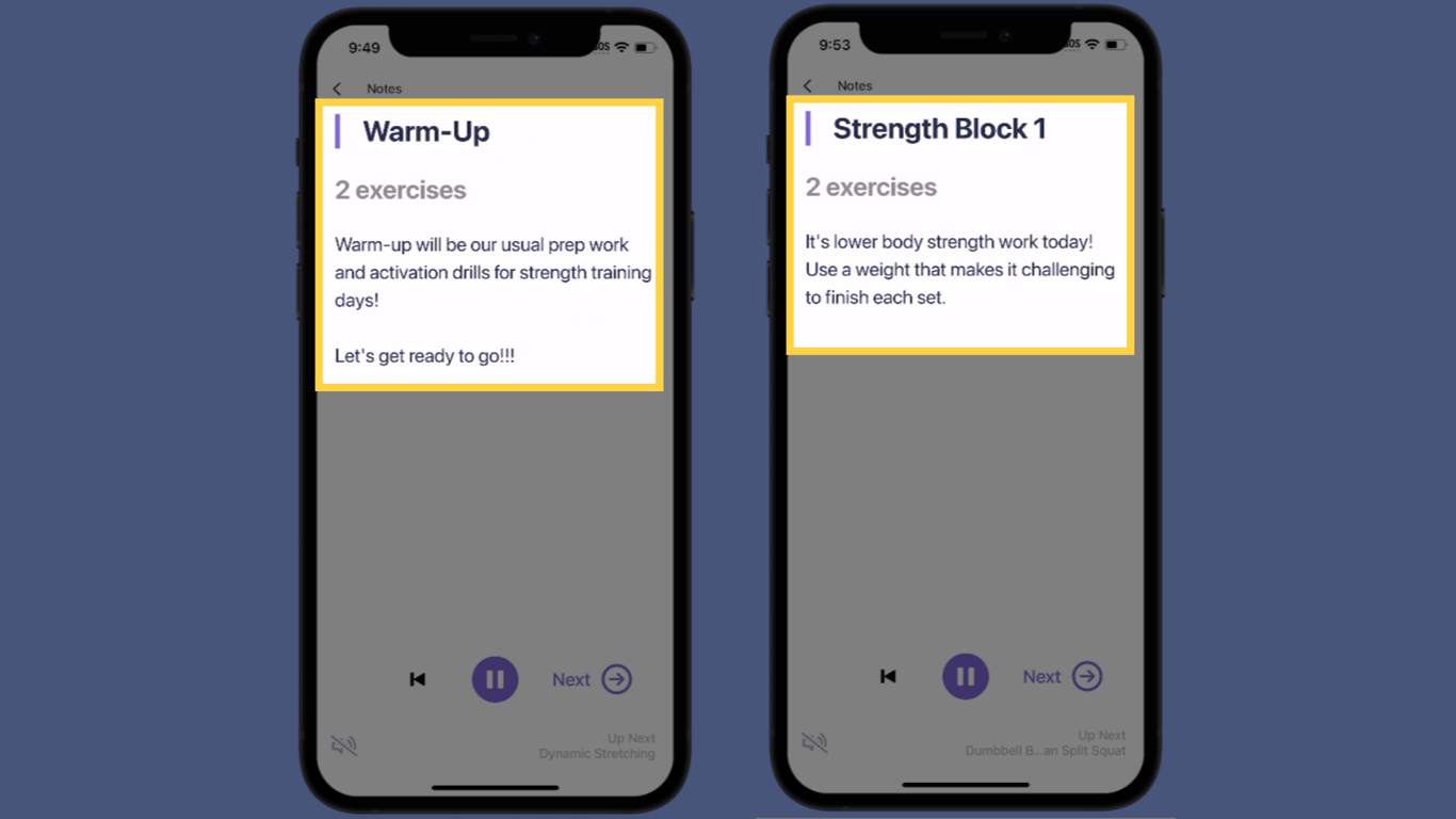 Any instructions for a workout block will be shown before starting that block.