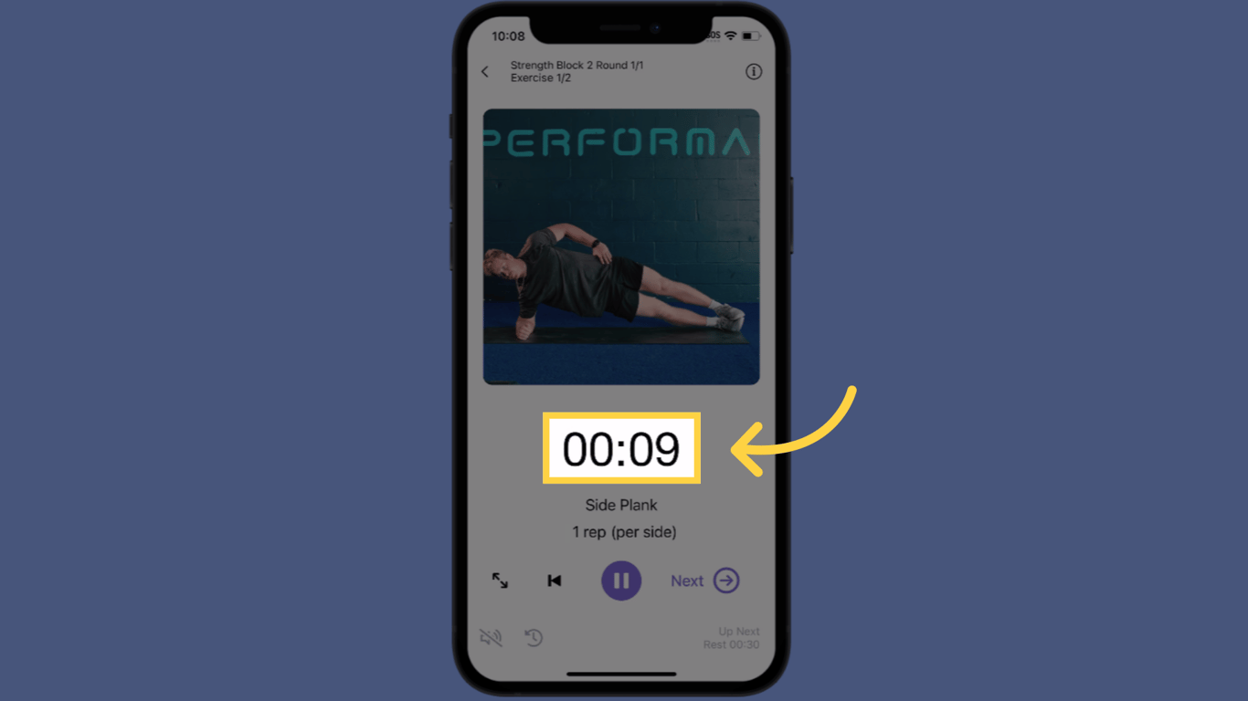 Timer shows for any timed exercises.