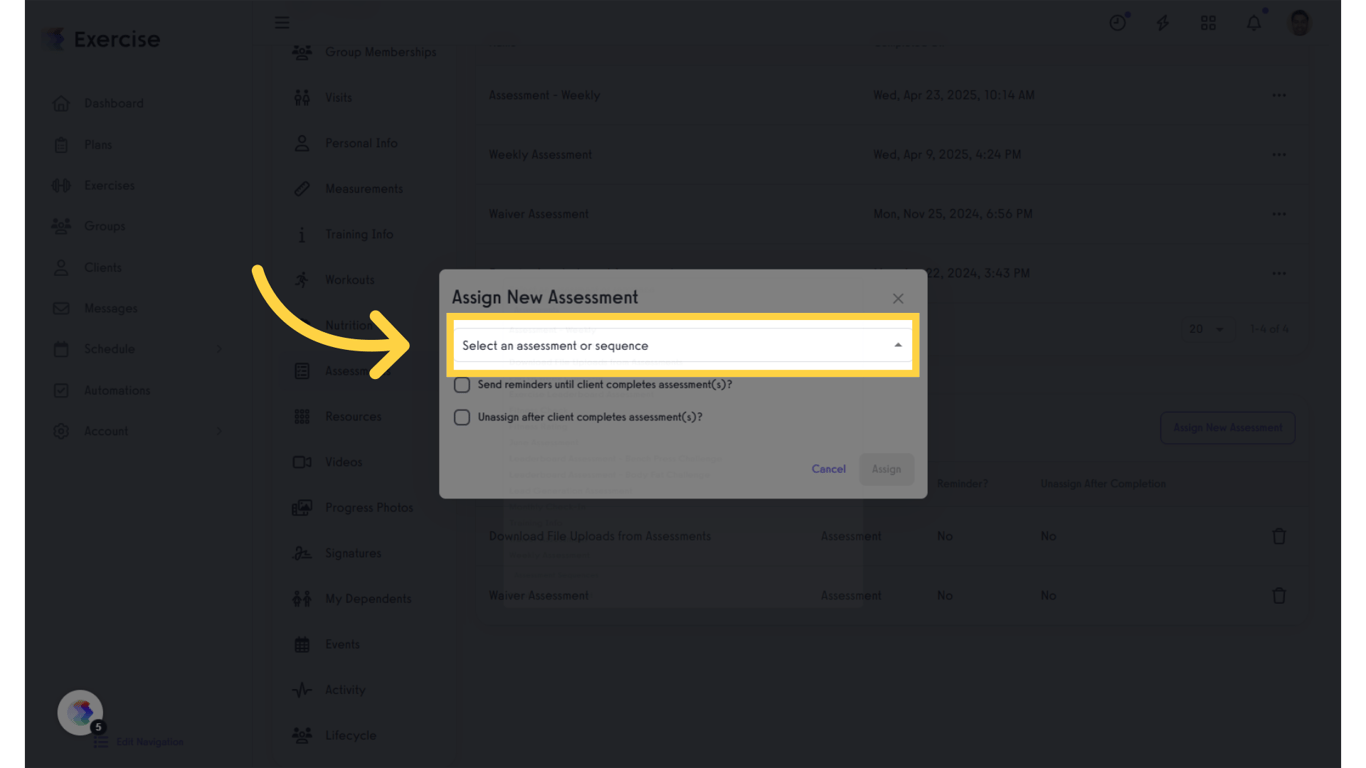 Click 'Select an assessment or sequence.'