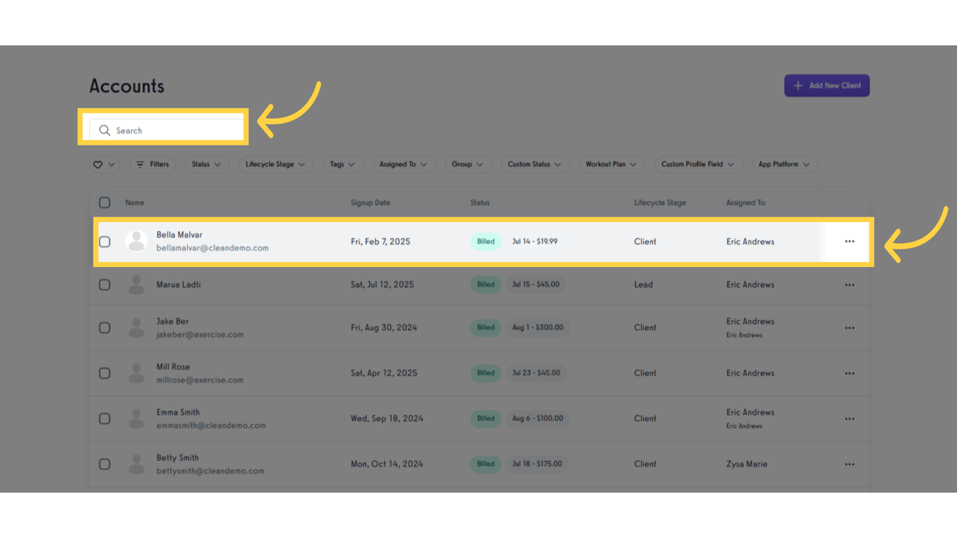 Search for or select the client whose workout you want to hide.