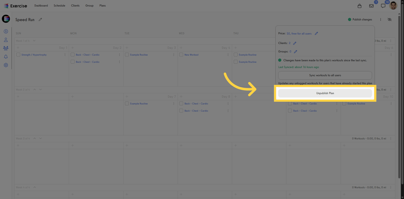 Screenshot showing the Unpublish Plan button.