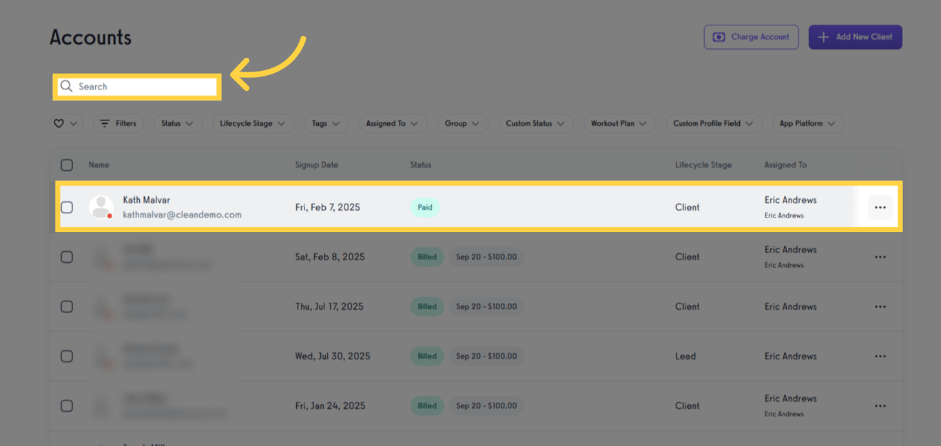 Search or select a client.