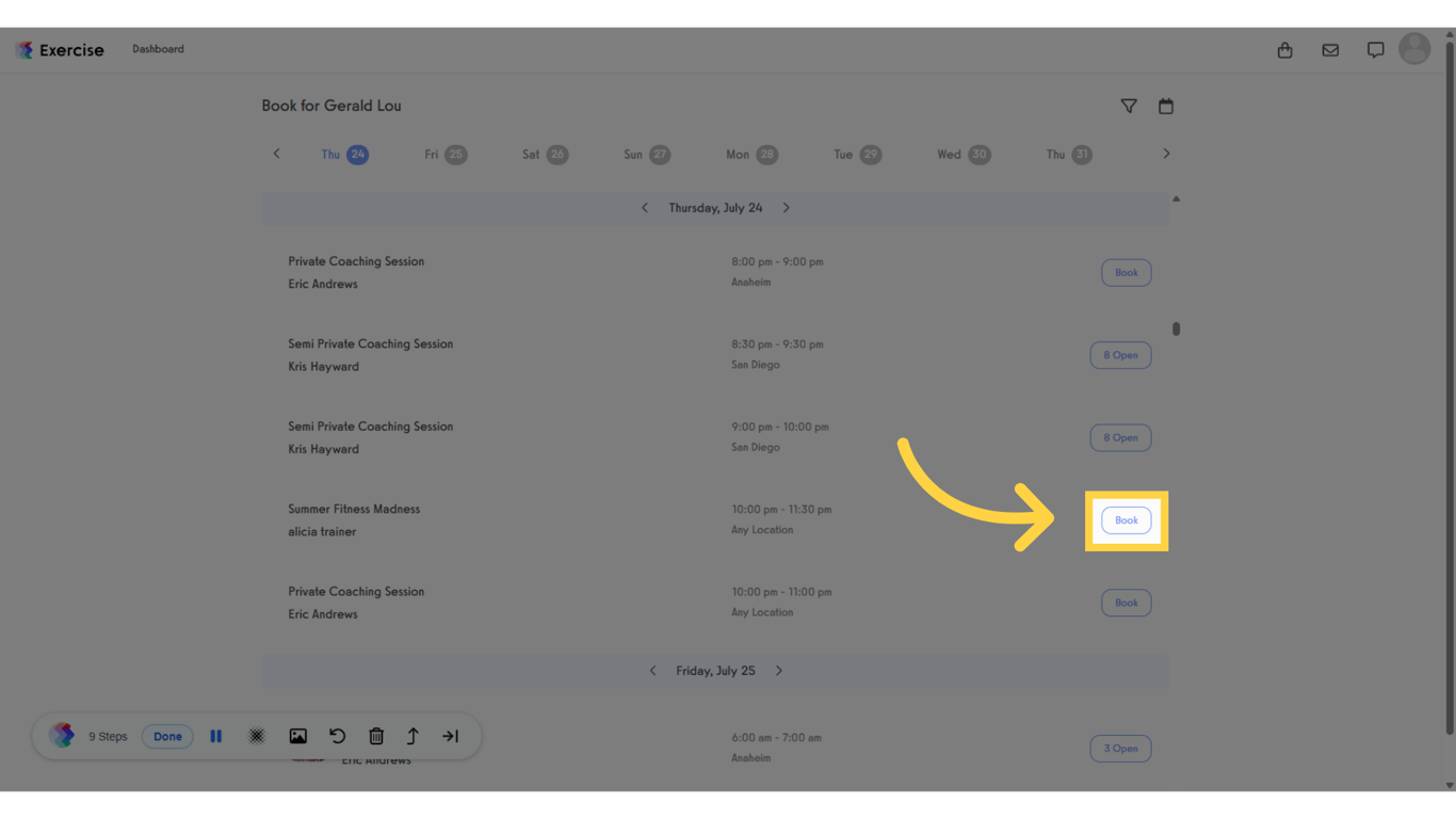 Select a session and click “Book” to proceed with the reservation.