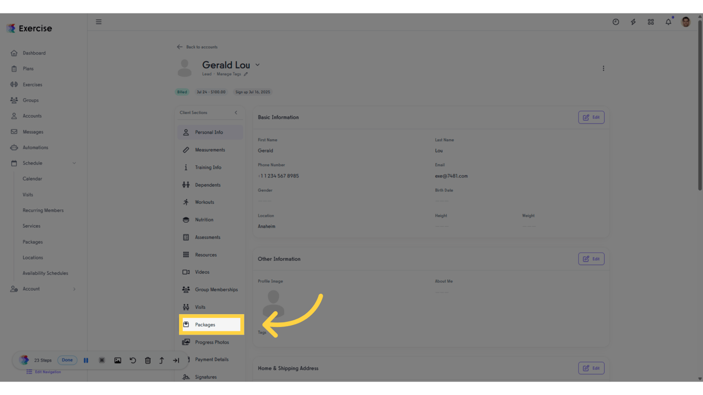 Log back into the trainer's account and click “Packages” tab.