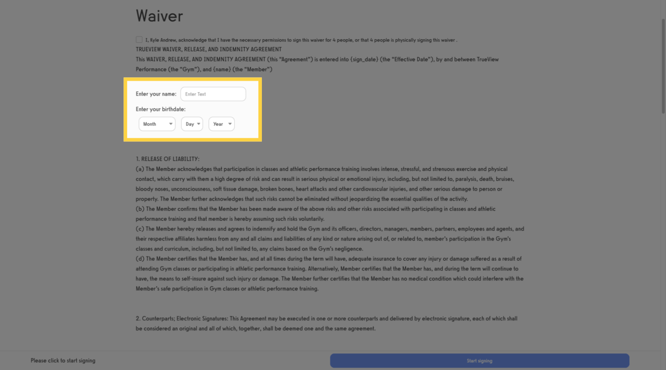 Text field and date selector in waiver