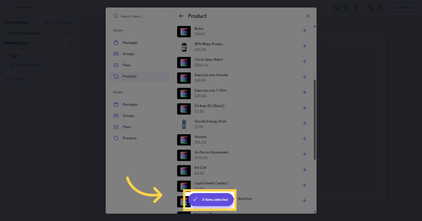 Screenshot showing selected items being added to POS.