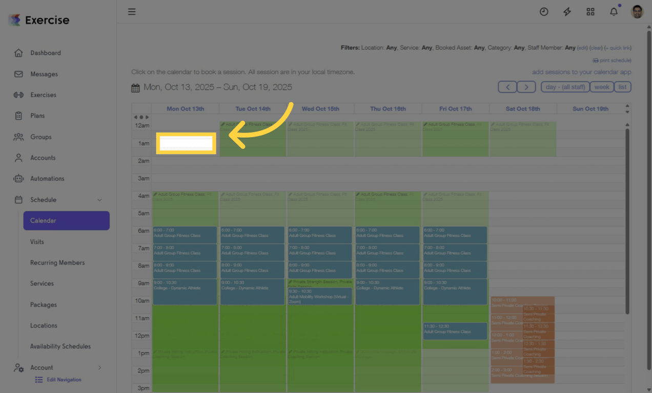 Choose a date and time, then add a session to the schedule.