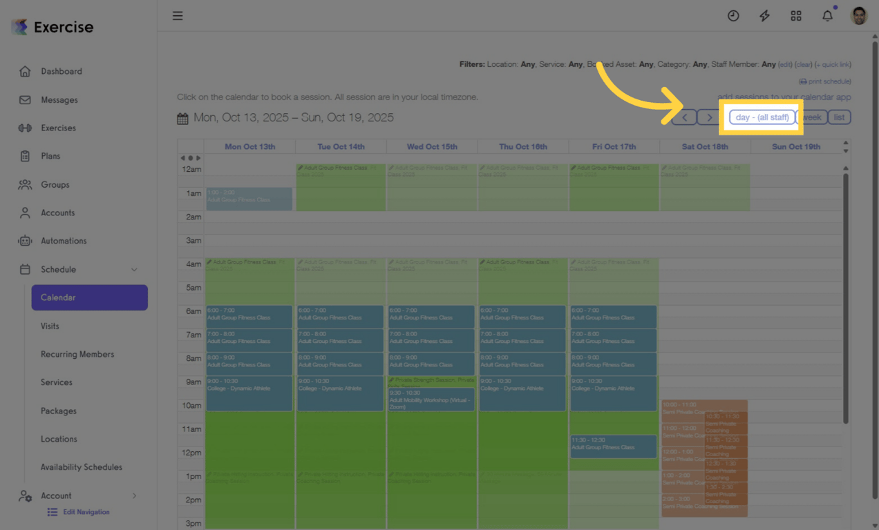 Open the Day View to see staff columns and sessions.