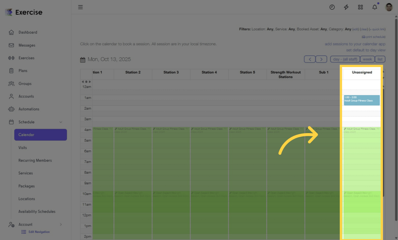 The Unassigned column lists sessions without a trainer or asset.