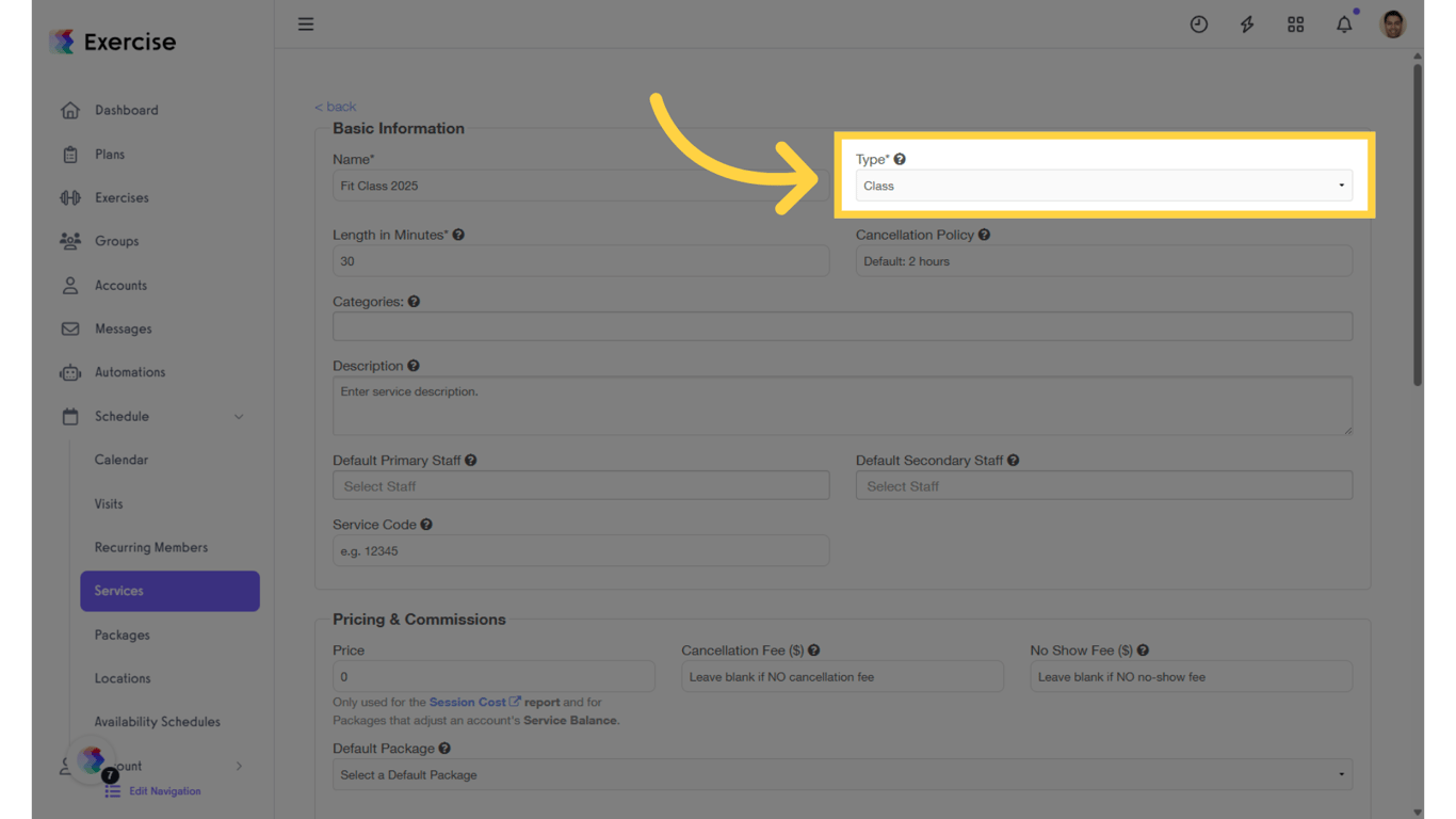 Select 'Class' as a type from the drop-down list.