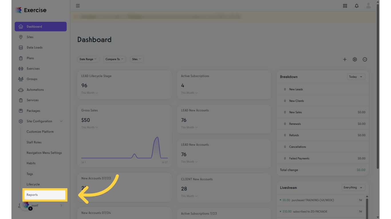 Click 'Reports' tab in the left sidebar.