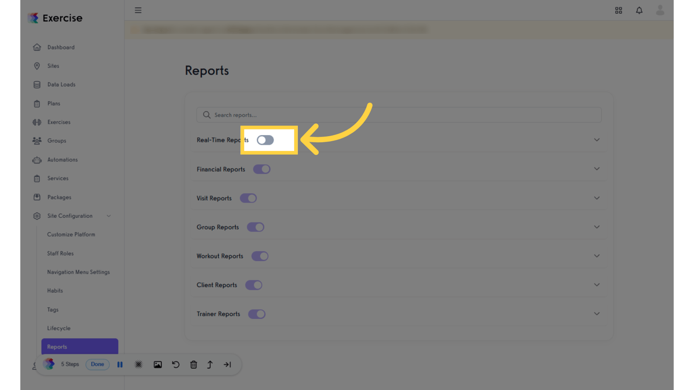 Select a report and toggle it off to hide it from the Site Reports section.