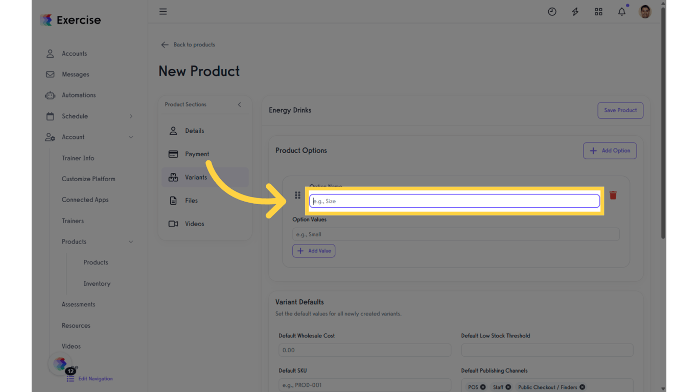 Click 'Option Name' field.