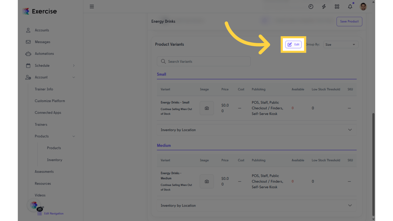Click “Edit” in the Product Variants section.