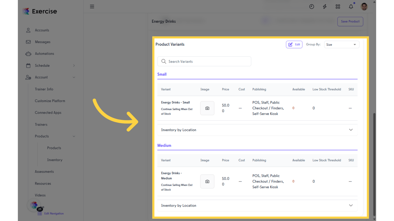 View Product Variants section.