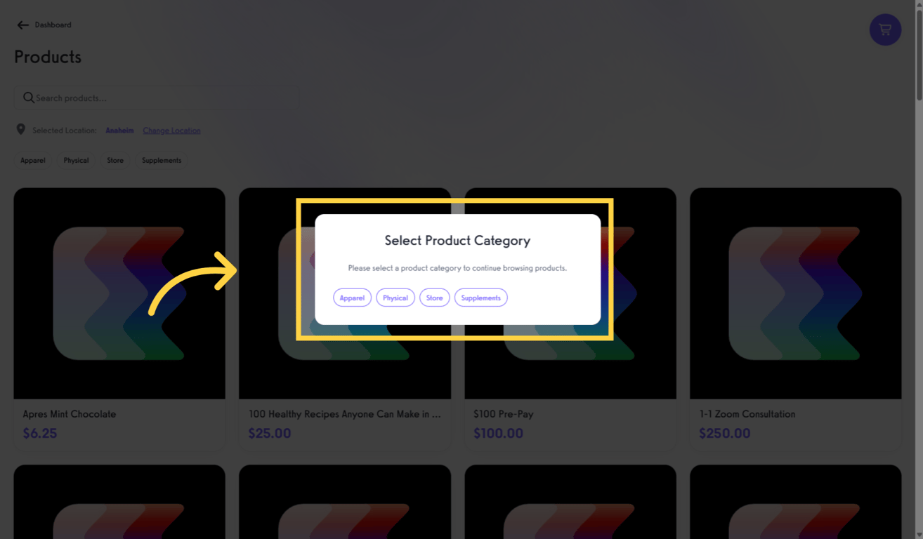 Selecting a product category filter on Exercise.com