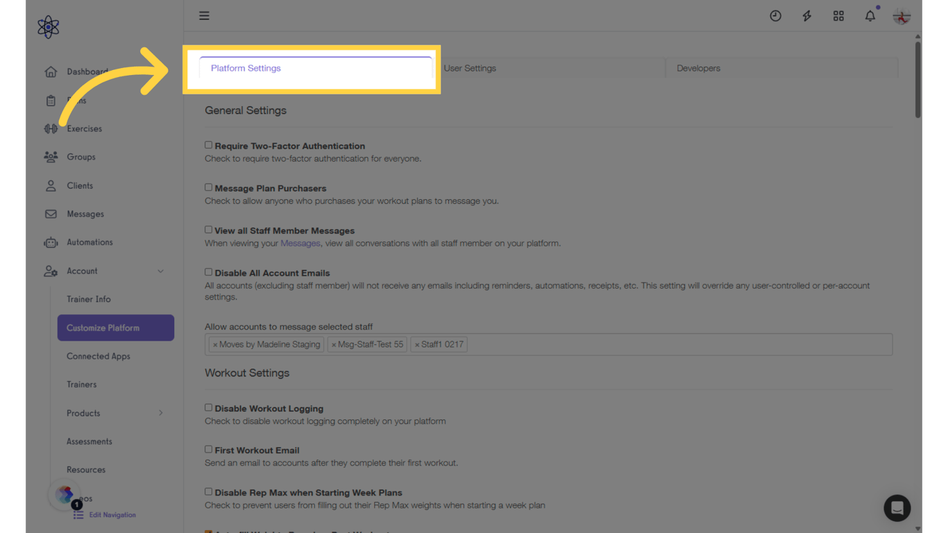 Click 'Platform Settings' tab.
