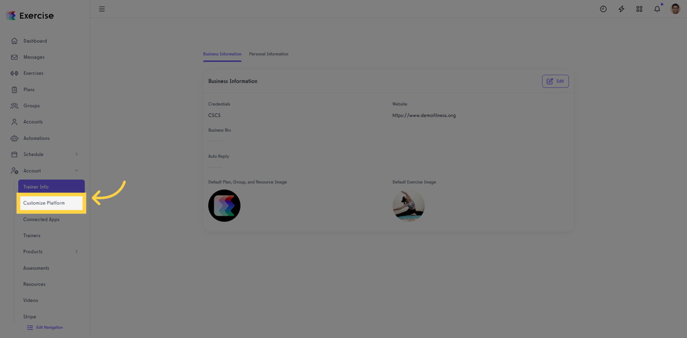 Click 'Customize Platform' in Exercise.com.
