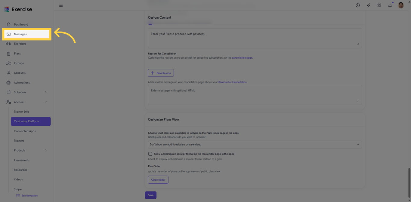 Click 'Messages' tab in Exercise.com.