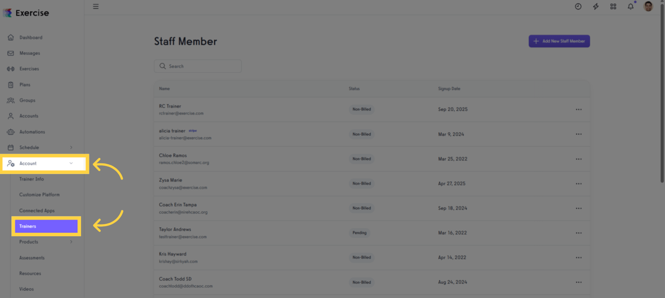 Navigate to 'Account' then 'Trainers'.