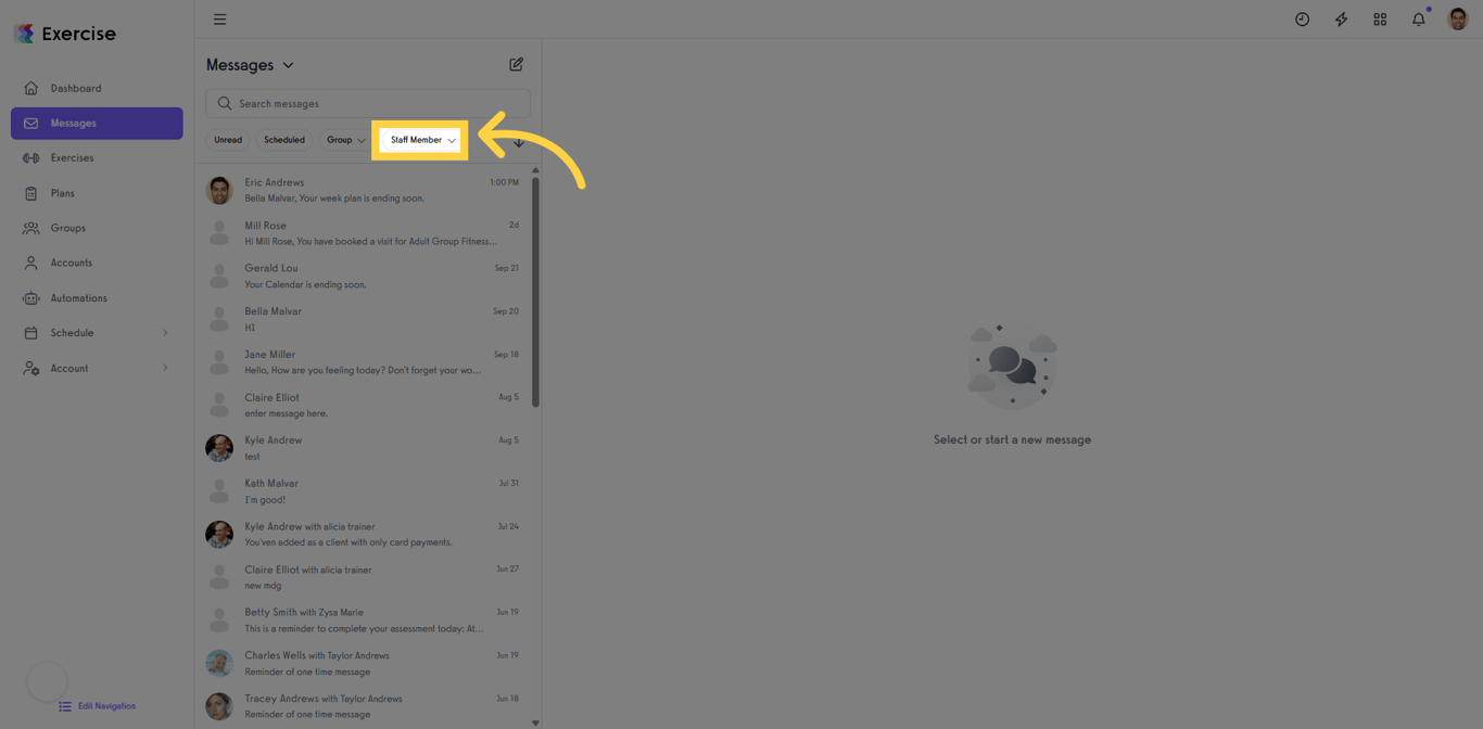Select 'Staff Member' filter in Exercise.com Messages.