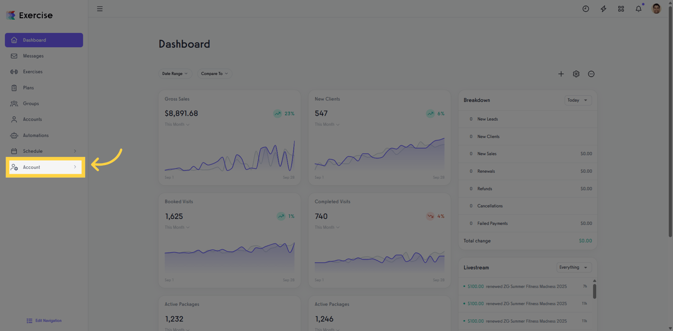 Click 'Account' in Exercise.com platform.
