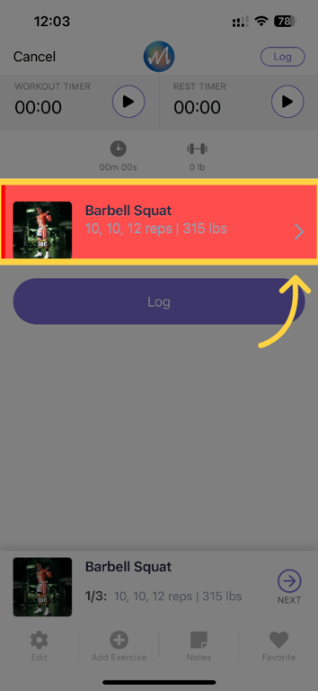Exercise selection screenshot