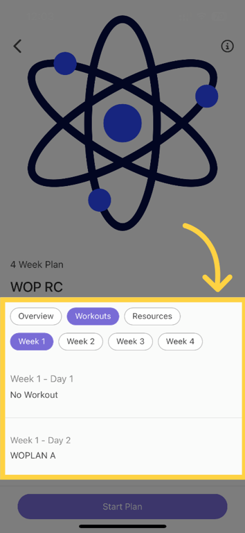 Workouts and Week tabs screenshot